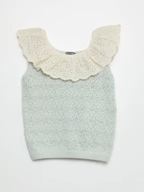 Pullover senza maniche ricamato a punto inglese - BLU